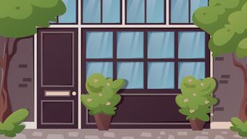 Building facade, entrance doors and display windows, exterior design. Brick wall, trees and decorative bushes. cartoon horizontal illustration. vector