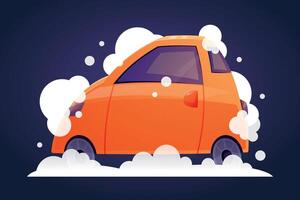 Orange funny passenger car hatchback with foam and soap bubbles, vehicle wash. isolated cartoon illustration. vector