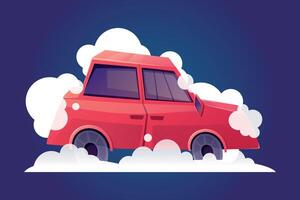 Red sedan passenger car with foam and soap bubbles, vehicle washing. isolated cartoon illustration. vector