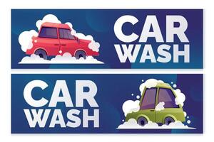 dos horizontal publicidad pancartas para coche lavar. ilustración de un dibujos animados pasajero coche con Lavado espuma y jabón burbujas vector