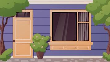 Building facade, entrance doors and display windows, exterior design. Wooden purple wall, trees and decorative bushes. cartoon horizontal illustration. vector