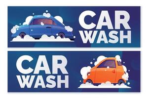 dos horizontal publicidad pancartas para coche lavar. ilustración de un dibujos animados pasajero coche con Lavado espuma y jabón burbujas vector