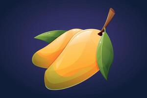 Ripe yellow mango on a branch with a leaf. isolated cartoon tropical fruit illustration. vector