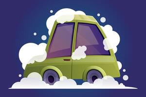 Green funny passenger car hatchback with foam and soap bubbles, vehicle wash. isolated cartoon illustration. vector