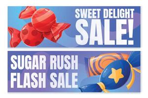 Two horizontal advertising banners, Sale templates. Sweet Delight and Sugar Rush, a cartoon illustration of candy in a colorful wrapper. vector
