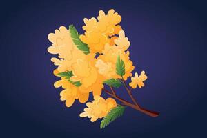 Branch with leaves and bright yellow blooming mimosa plant. isolated floral cartoon illustration of bouquet. vector