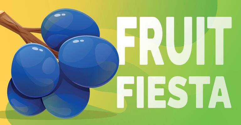 cartoon horizontal summer banner. A bunch of ripe bright dark blue grape berries, text Fruit Fiesta.