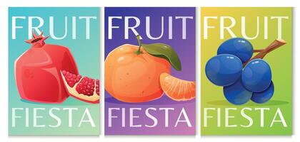 conjunto de brillante vertical publicidad bandera plantillas con el texto Fruta fiesta dibujos animados ilustración de un manojo de azul uvas, Mandarina y maduro rojo granada. vector