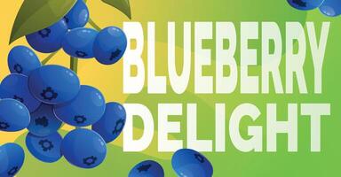 cartoon horizontal summer banner. A sprig of ripe forest blue blueberries, text Blueberry Delight. vector