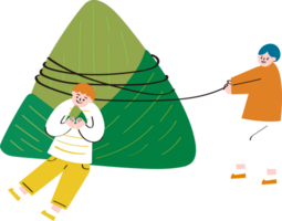 a boy lay on a rice dumpling and a boy pull a rope of rice dumpling png