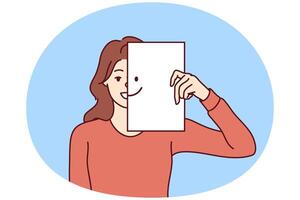Happy woman covers half of face with paper with smiling emoticon, wanting to share good mood vector