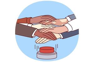 Hands of diverse men and women press red button at same time for project startup business concept vector