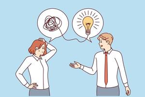 Man mentor brainstorms for woman colleague with confused thoughts, standing under light bulb vector