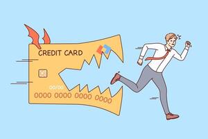 crédito tarjeta picaduras huyendo negocio hombre, simbolizando peligro de utilizando préstamo dinero a cubrir necesidades vector