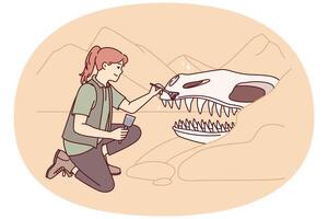 Woman archaeologist near giant dinosaur skull cleans head of ancient animal with brush. image vector