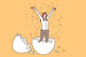 Business woman hatched from egg raises hands up, for concept of birth of new professional vector