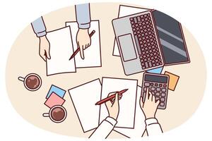 Hands of accountants doing financial accounting over table with documents and calculator, top view vector