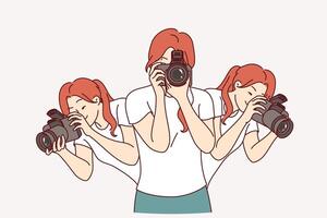 Woman photographer holds camera to create photo reports and looks in different directions vector