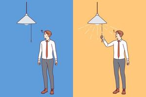Business man came up with idea to get out of difficult situation, turns on light in room vector