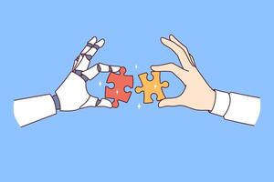 Collaboration between robot and human performing same task and holding pieces of puzzle in hands vector