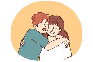 Positive little boy and girl hugging and laughing enjoying spending time together vector