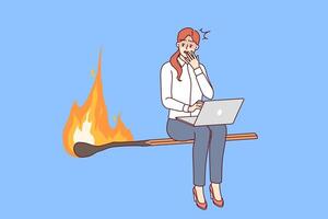 Woman freelancer is afraid of danger of violating business deadlines, sitting on burning match vector