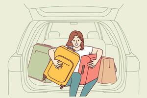 Woman tourist with travel suitcases sits in trunk of car, getting ready for trip to another city vector