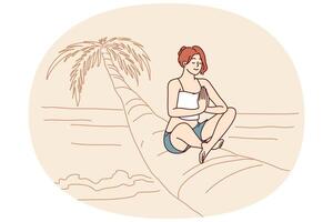 Woman doing yoga sitting on palm tree in lotus position enjoying summer travel and meditating vector