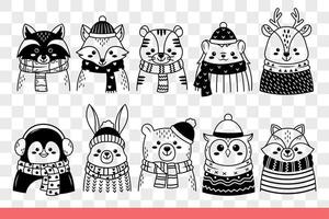 Animals in winter clothes and scarves with hats ready to celebrate christmas. Hand drawn doodle. vector