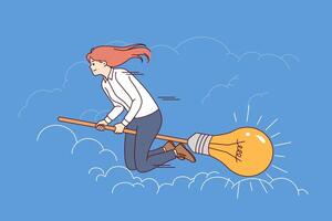 ambicioso mujer de negocios moscas en palo de escoba con ligero bulbo, simbolizando deseo a cumplir idea vector