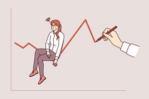 Business crisis for female manager sitting on unstable chart, near hand with pencil vector