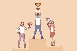 Business people stand on pedestal and hold award cups received for outstanding careers and skills vector