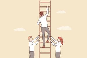 Partners support business man climbing career ladder and striving to achieve success vector