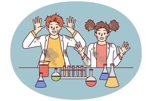 Funny children in laboratory raise hands after unexpected reaction when mixing chemical reagents vector