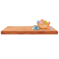 une composition avec une panier rempli avec multicolore fil écheveaux repos sur une en bois rebord de fenêtre, accompagné par une tasse de thé ou café. pour confortable Accueil décor thèmes ou artisanat les blogs. aquarelle png