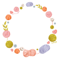 cirkulär vattenfärg ram perfekt för crafting bloggar, stickning Handledningar, eller DIY-tema mönster. detta illustration med färgrik garn skeins knappar trådar, bomull blommor, och grönska grenar png