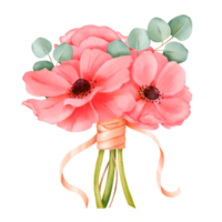 A bouquet of watercolor pink anemones embellished with eucalyptus leaves and satin ribbons. for enhancing wedding invitations, event decorations, botanical-themed designs creations, artistic projects png