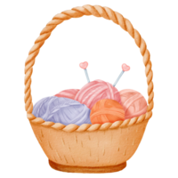 A cozy composition featuring a woven basket filled with colorful yarn skeins and knitting needles. Perfect for crafting blogs, cozy home decor designs, or DIY-themed projects. Watercolor illustration png