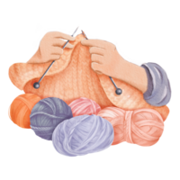 une aquarelle composition de tricot, avec deux mains habilement artisanat tissu. coloré la laine fil des balles dans divers chaud teintes, pour artisanat les blogs, tricot tutoriels confortable Accueil décor impressions png