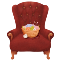 A composition featuring a basket filled with multicolored yarn skeins and knitting needles on a burgundy armchair with a cotton flower nearby. for a cozy evening at home. Watercolor illustration png