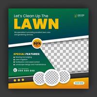 Corporate modern lawn care garden service for social media cover design template, agriculture and organic food campaign post web banner, abstract green, yellow color shape on white background vector