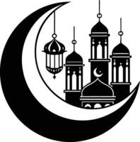 Black silhouette of a islamic mosque and crescent with lanterns vector