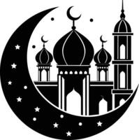 un negro y blanco silueta de un mezquita con un creciente Luna vector