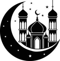 A black and white silhouette of a mosque with a crescent moon vector