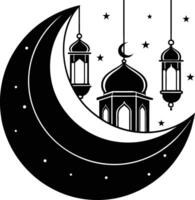 Black silhouette of a islamic mosque and crescent with lanterns vector