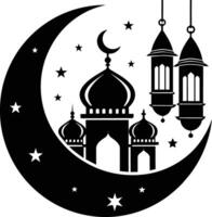 A black and white silhouette of a mosque with a crescent moon vector