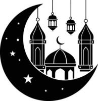 Black silhouette of a islamic mosque and crescent with lanterns vector