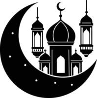 A black and white silhouette of a mosque with a crescent moon vector