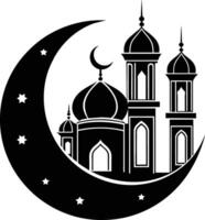 A black and white silhouette of a mosque with a crescent moon vector