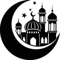 A black and white silhouette of a mosque with a crescent moon vector